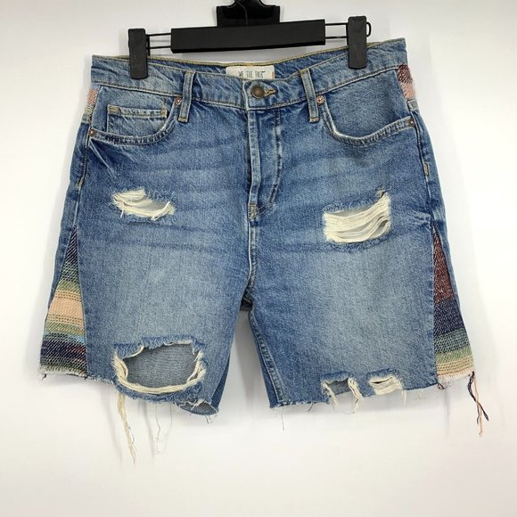 Free People Denim Shorts High Rise Blue Bermuda Distressed Tribal - Picture 3 of 12